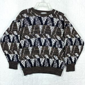 VTG 80s Up Time Geometric Knit Sweater Mens L Brown Oversized Abstract Preppy